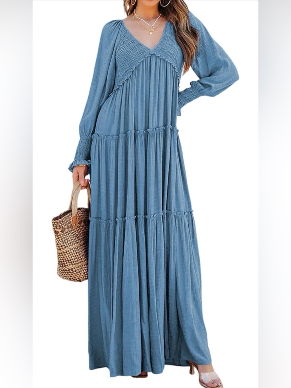 Boho Tiered Maxi Dress in Dusty Blue